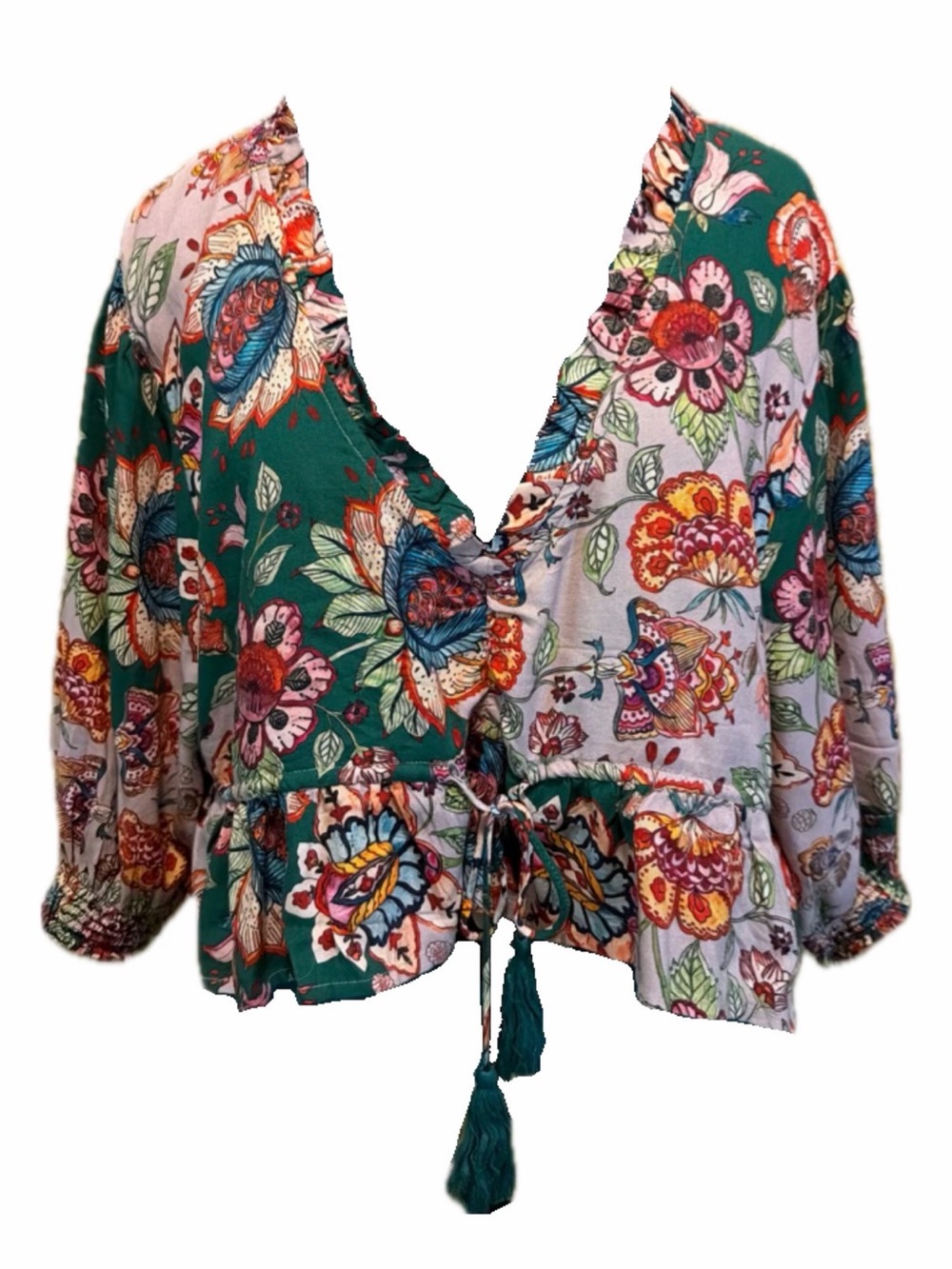 Natural Life Boho Floral Crop Peasant Top in Teal and Pink